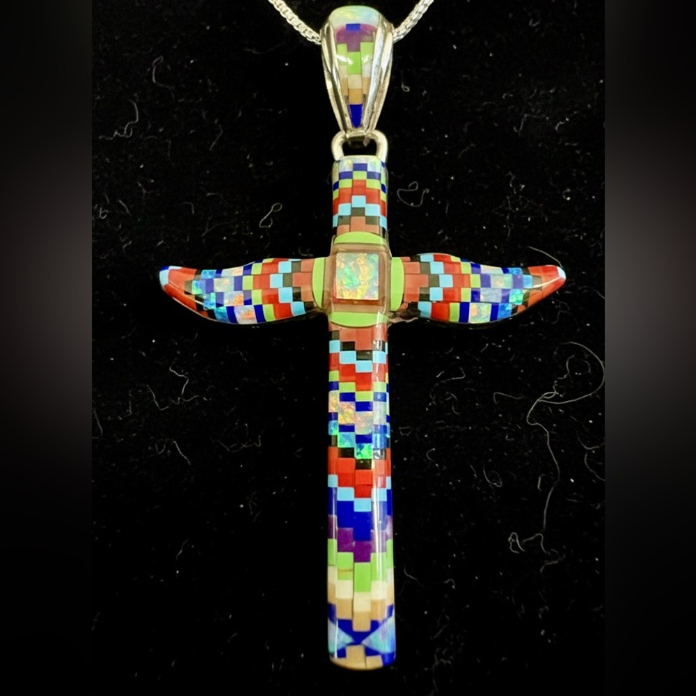 Colorful Mosaic Cross Pendant set‎ in Sterling silver
